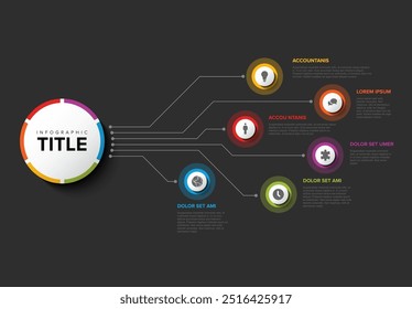 Modelo de design de infográfico circular colorido simples com seis elementos e círculo grande com título no fundo escuro. Modelo de infográfico multipropósito moderno