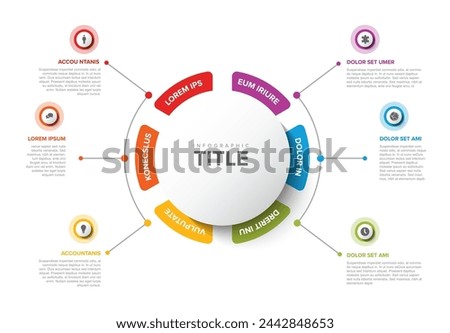 Simple Colorful Circular Infographic Design Template with six element and big circle with title in the middle on the light background. Modern multipurpose infochart template