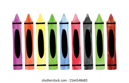 Simple colorful crayons rainbow watercolor vector illustration isolated on white background. Watercolor crayons clipart. Crayons set cartoon style hand drawn