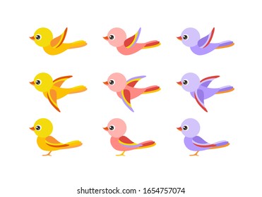 Simple colorful cute birds isolated on white background. Icon set. Vector flat bright illustration in children's style.