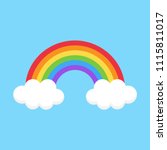Simple colorful cute rainbow vector illustration. Rainbow on light blue background with two clouds with shadow.