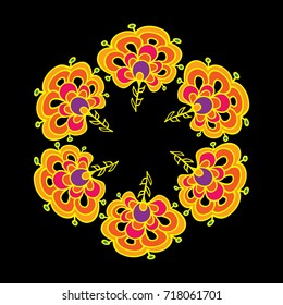 Simple colorful decorative round flower composition. Native motif of flower doodles.