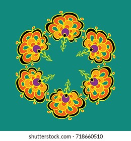 Simple colorful decorative round flower composition. Native motif of flower doodles.