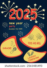 simple and colorful design of new year celebration party with new year elements and icon. perfect for new year poster, background, and new year party invitation card.