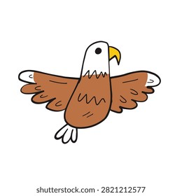 A simple colorful doodle of a bald eagle spreading its wings in flight against a white background