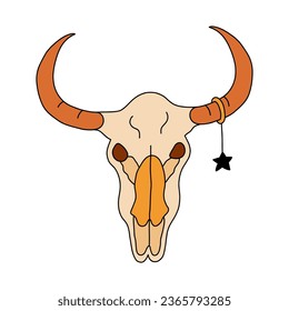 Simple colorful doodle of bull skull with star earring on the horn with hand drawn outline. Portrait of cow scull head skeleton in front view. Sign of cowboy, western culture, cowgirl, Texas.