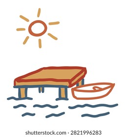A simple colorful doodle featuring a wooden dock resting on water with a small rowing boat moored alongside under a radiant sun