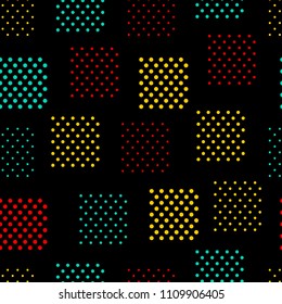 Simple colorful doted squares on black geo seamless pattern, vector