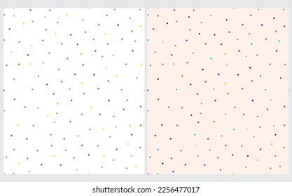 Simple Colorful Dotted Seamless Vector Patterns. Tiny Polka Dots Isolated on a White and Biege Background. Cute Abstract Repeatable Print with Multicolor Confetti ideal for Fabric, Wrapping Paper.