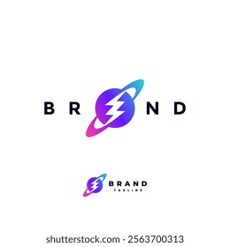 simple colorful electric planet Logo Design. Powerfull Lightning Ring Planet Logo Design.