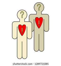 Simple colorful figures, with question and exclamation marks, and heart symbols.