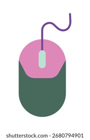 Un icono de diseño plano simple y colorido de un ratón de computadora con cable. Este gráfico minimalista es ideal para temas de tecnología, diseño de interfaz de usuario y Elementos de Web. Aislado en un fondo blanco.
