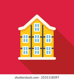 Simple colorful flat design illustration of an apartment building, with a long shadow on a red background