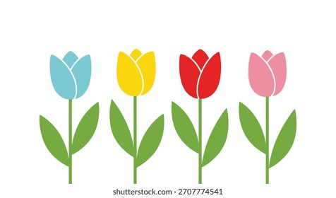 Einfache und farbenfrohe, flache Illustration von vier Tulpen hintereinander in blaugelbem Rot und Rosa auf weißem Hintergrund.