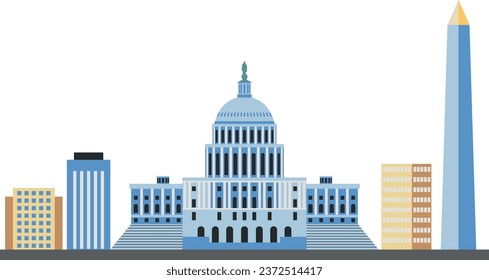 Simple colorful flat drawing of the American landmark city skyline panorama of WASHINGTON, UNITED STATES OF AMERICA