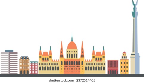 Simple colorful flat drawing of the Hungarian landmark city skyline panorama of BUDAPEST, HUNGARY