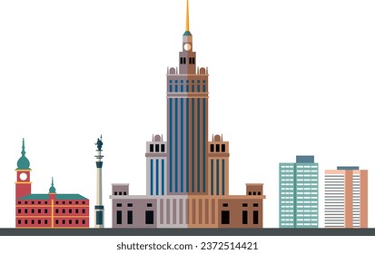 Simple colorful flat drawing of the Polish landmark city skyline panorama of WARSAW, POLAND