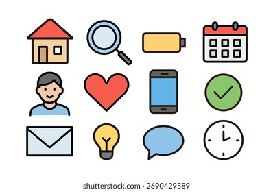 Einfaches und buntes flaches Symbol-Set (Startseite, Herz, Uhr, Smartphone, etc.)