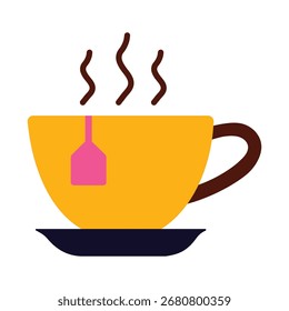 Un icono plano simple y colorido de una taza de té humeante con una bolsita de té en un platillo. Perfecto para menús de cafetería, temas de desayuno y conceptos de bebidas acogedoras.
