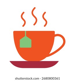 Um ícone plano simples e colorido de uma xícara de chá com um saco de chá em um pires. Perfeito para menus de café, temas de café da manhã e conceitos de bebidas acolhedores.
