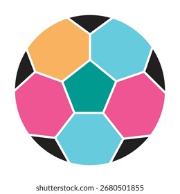 Una ilustración plana simple y colorida de un balón de fútbol abstracto. Este icono deportivo moderno y estilizado es perfecto para temas deportivos creativos y logotipos de equipos.
