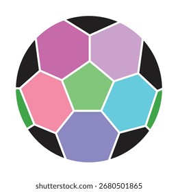 Una ilustración plana simple y colorida de un balón de fútbol abstracto. Este icono deportivo moderno y estilizado es perfecto para temas deportivos creativos y logotipos de equipos.
