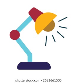 A simple and colorful flat illustration of an adjustable desk lamp. An isolated icon representing study, creative ideas, and a modern office workspace.
