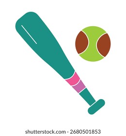 Eine schlichte und farbenfrohe, flache Illustration eines Baseballschlägers und eines Tennisballs. Dieses Sportgeräte-Icon eignet sich perfekt für allgemeine sportliche Themen und Freizeitdesigns.

