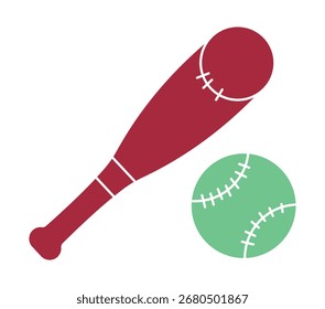 Una ilustración plana simple y colorida de un bate de béisbol y una pelota. Este icono de equipo deportivo es perfecto para diseños relacionados con el juego y temas deportivos.

