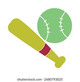 Una ilustración plana simple y colorida de un bate de béisbol y una pelota. Este icono de equipo deportivo es perfecto para diseños relacionados con el juego y temas deportivos.
