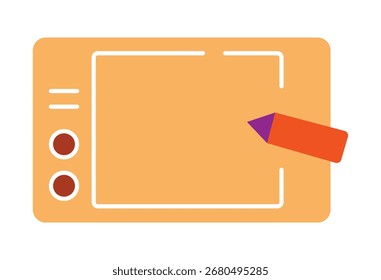 Una ilustración plana simple y colorida de una tableta gráfica con un bolígrafo. Este ícono moderno es perfecto para conceptos de arte digital, Diseño gráfico y creatividad.
