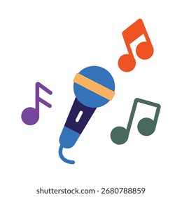 Una ilustración plana simple y colorida de un micrófono con notas musicales. Este vibrante icono es perfecto para representar el canto, el karaoke, los podcasts y el entretenimiento.
