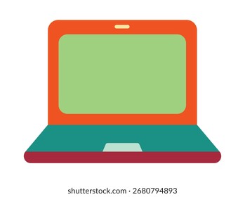 Una ilustración plana simple y colorida de una computadora portátil abierta con una pantalla en blanco. Aislado en blanco, este gráfico es perfecto para temas de tecnología, negocios y trabajo remoto.
