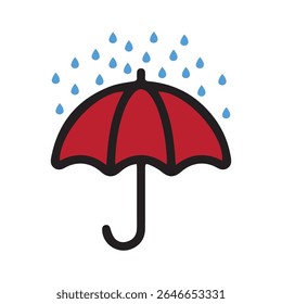 Uma ilustração plana simples e colorida de um guarda-chuva vermelho protegendo de gotas de chuva azul. Este ícone meteorológico representa chuva, proteção e estação chuvosa. Ideal para uso em aplicativos móveis, weat