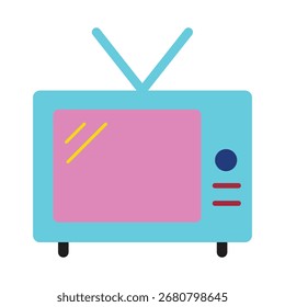 Una ilustración plana simple y colorida de un icono de televisión retro. Este lindo televisor cian y rosa está aislado, perfecto para temas de medios de comunicación, entretenimiento y nostalgia.
