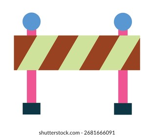 Uma ilustração plana simples e colorida de uma barreira de construção listrada com luzes de aviso. Um símbolo gráfico para o trabalho na estrada e segurança. Isolado em um fundo branco.
