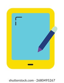 Uma ilustração plana simples e colorida de um tablet com caneta digitalizadora. Este ícone moderno é perfeito para conceitos como e-learning, assinaturas digitais e desenho criativo.
