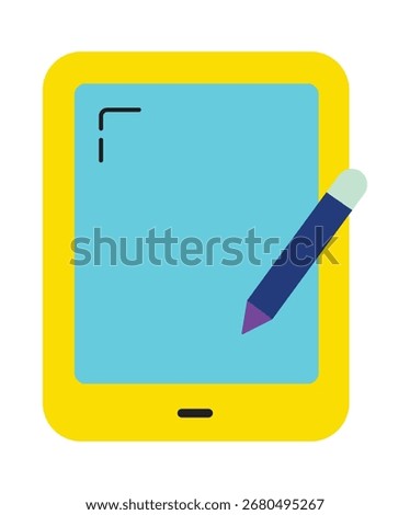A simple and colorful flat illustration of a tablet computer with a stylus. This modern icon is perfect for concepts like e-learning, digital signatures, and creative drawing.
