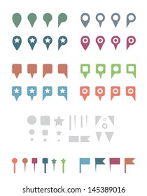 Simple Colorful Flat Map Pins and Elements. Isolated on White Vector Illustration.
