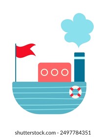 Simple Colorful Flat Vector Boat with Red Flag and Steam Cloud Hand Drawn kids Illustration Isolated