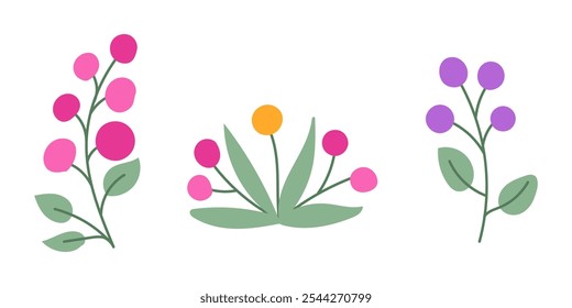 Ilustración floral simple y colorida con flores de color rosa, púrpura y amarillo con hojas verdes aisladas sobre fondo blanco. Obra de arte simple de Vector en estilo de arte mexicano