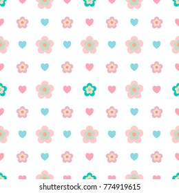 Simple colorful floral vector seamless pattern with hearts on white background for textile. Lovely spring and summer flowers vector texture. Cute baby wallpaper.