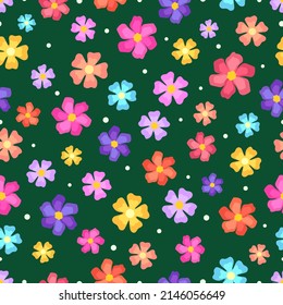 Simple colorful flowers and light dots on a rich green background. Seamless summer doodle pattern. Suit for packaging, textile, wallpaper.