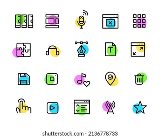 Simple colorful geometric line art icons set. Server, layouts, tap, wifi, favorite, floppy disk and other. Pixel perfect, editable stroke