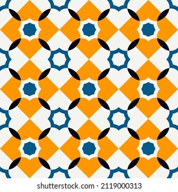 Sencillo patrón geométrico sin costura. Poligonos azules, anaranjados, blancos, negros, rombos, segmentos alineados en cierto orden. Vector. 