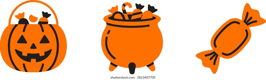 A simple and colorful Halloween-themed graphic featuring a pumpkin bucket, cauldron, and candy, all in various shades of orange.