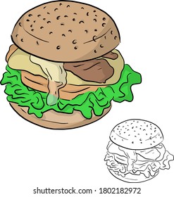 simple y colorida hamburguesa ilustración del vector boceto mano dibujada con líneas negras aisladas en fondo blanco