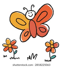 A simple colorful hand drawn illustration of a smiling butterfly flying over two small flowers isolated on a white background