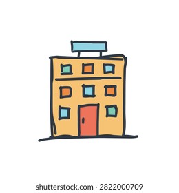 A simple colorful hand drawn sketch of a three story commercial building or hotel with a sign on the roof and a prominent red entrance door