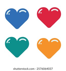 Simple and colorful heart icons in blue, red, green, and orange. Perfect for love, celebration, or creative designs, adding a cheerful and vibrant touch.